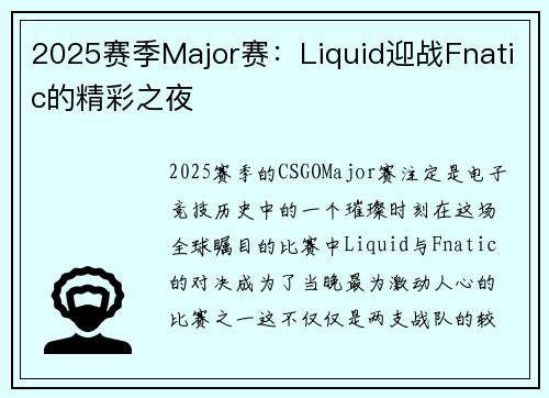 2025赛季Major赛：Liquid迎战Fnatic的精彩之夜